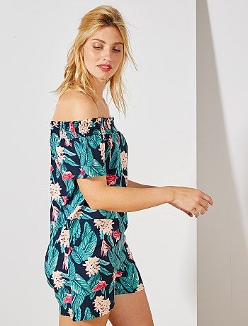 Macacão-calção com gola bardot - Kiabi