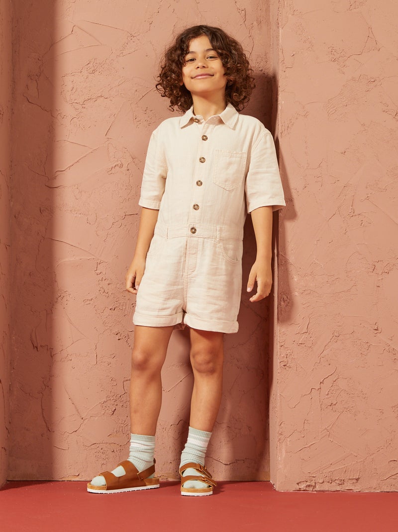 Macacão-calção de linho misturado de manga curta - Unissexo BEGE - Kiabi