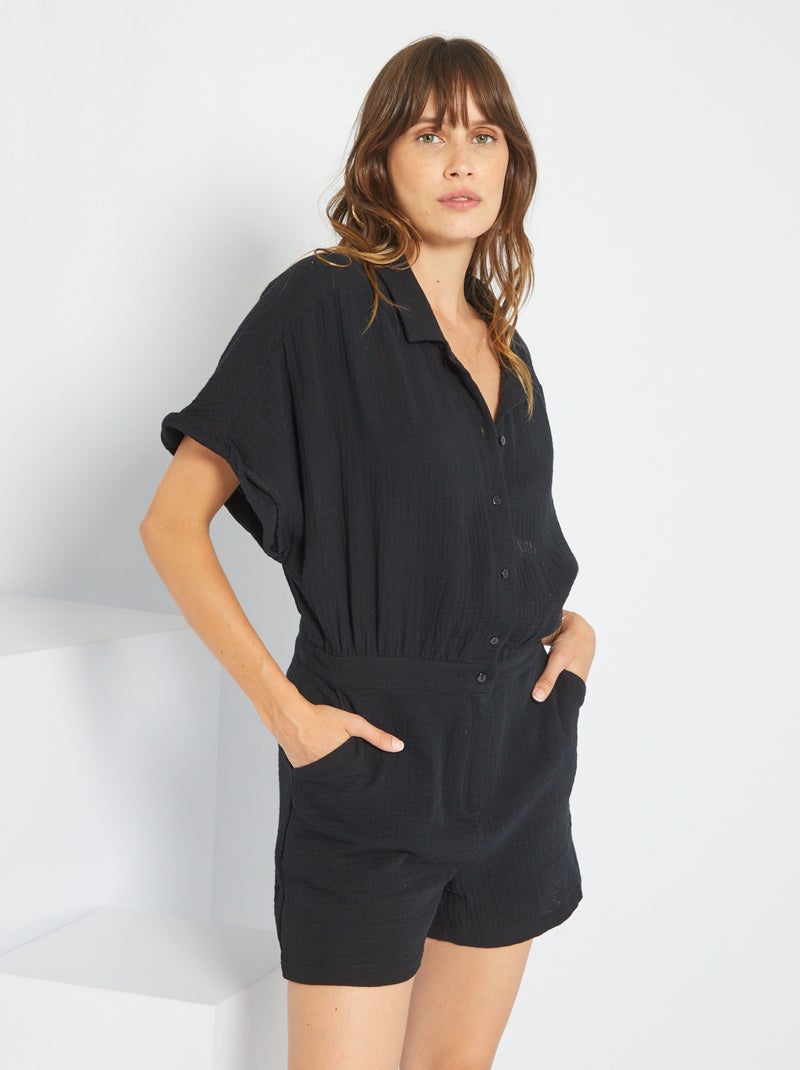 Macacão-calção em gaze de algodão com colarinho de camisa Preto - Kiabi