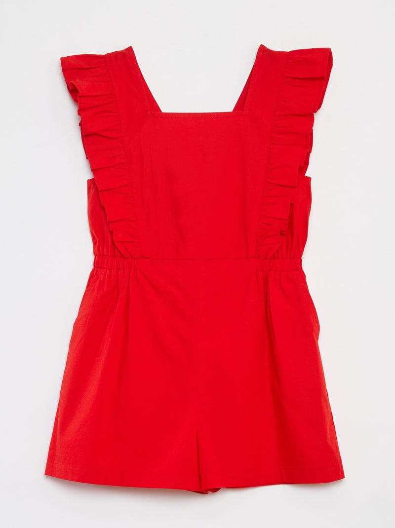 Macacão-calção em popelina com folhos Vermelho - Kiabi