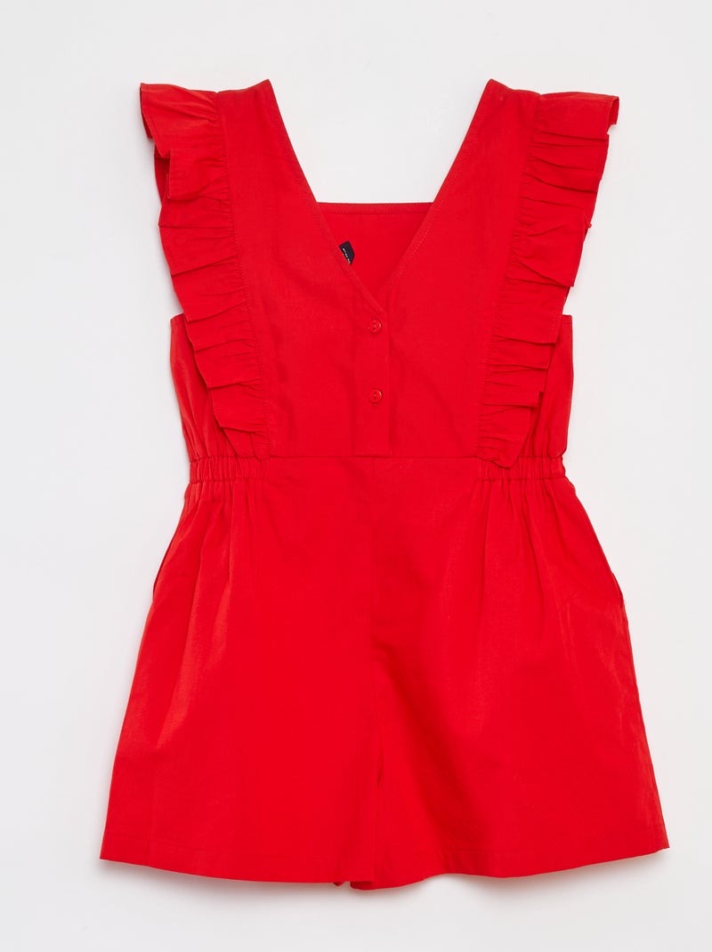 Macacão-calção em popelina com folhos Vermelho - Kiabi