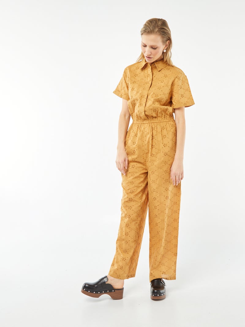 Macacão comprido bordado BEGE - Kiabi