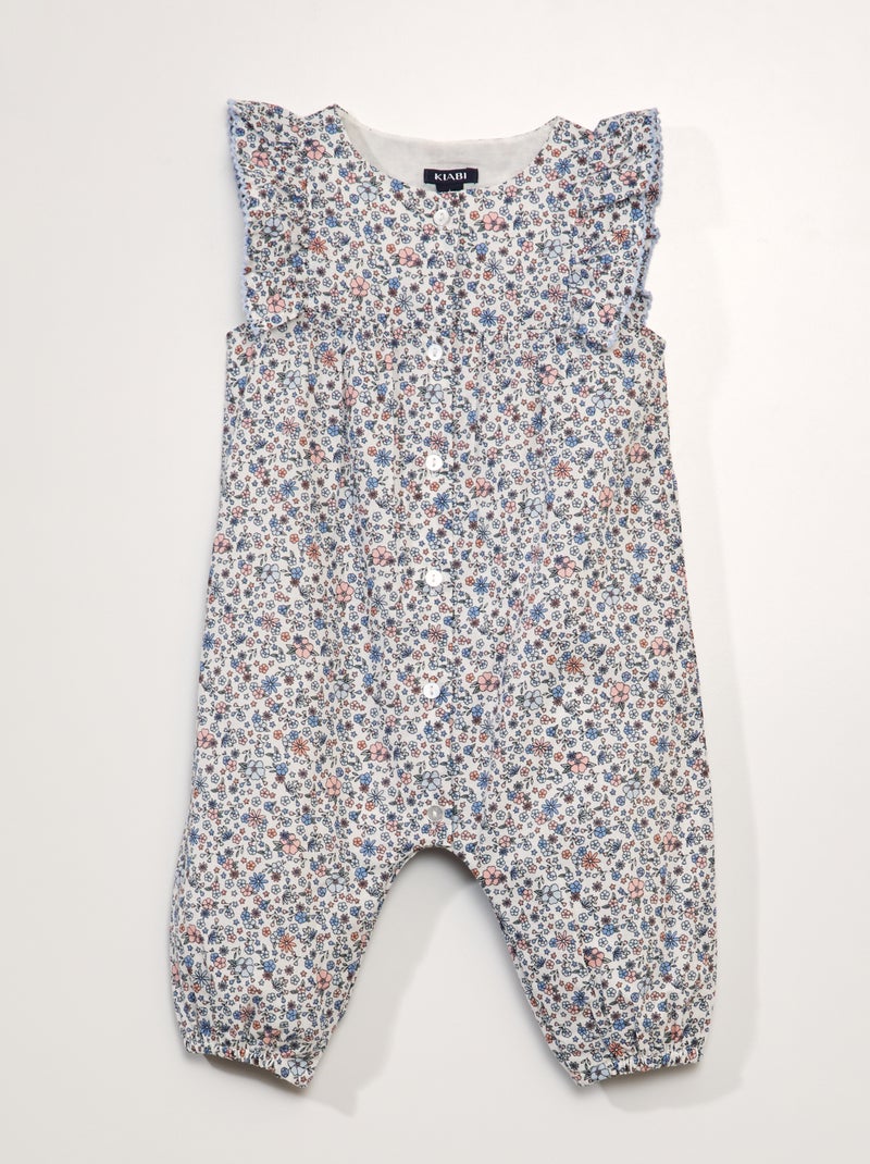 Macacão comprido com folhos estampado florido BRANCO - Kiabi