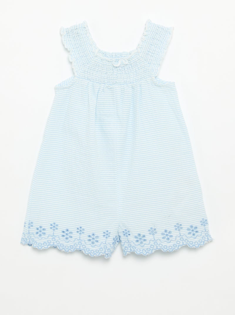 Macacão curto às riscas em seersucker com smock e bordados Azul - Kiabi