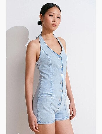 Macacão curto de ganga com decote halter slim fit dilvin