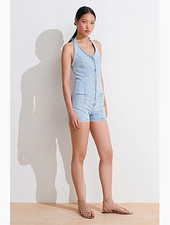 Macacão curto de ganga com decote halter slim fit dilvin