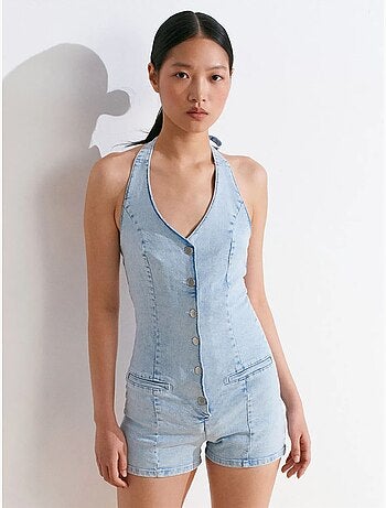Macacão curto de ganga com decote halter slim fit dilvin