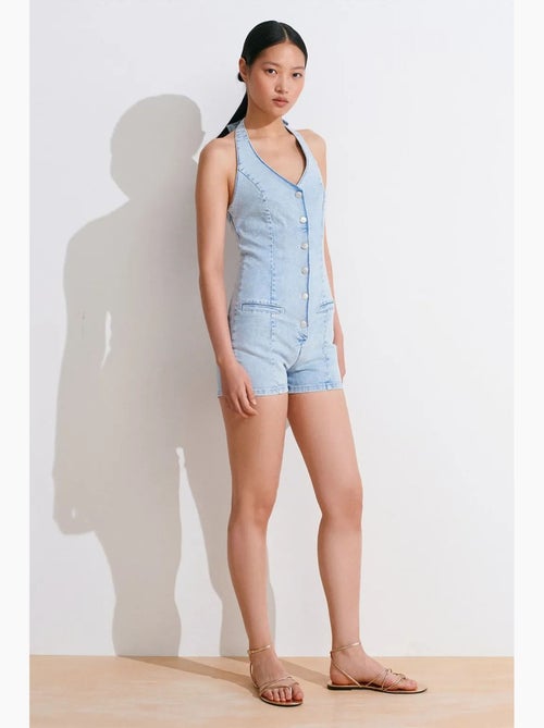 Macacão curto de ganga com decote halter slim fit dilvin - Kiabi Macacão curto de ganga com decote halter slim fit dilvin - Kiabi