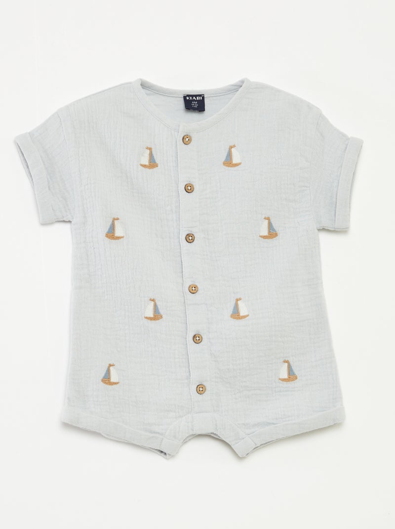 Macacão curto em gaze de algodão com bordados de fantasia Azul - Kiabi