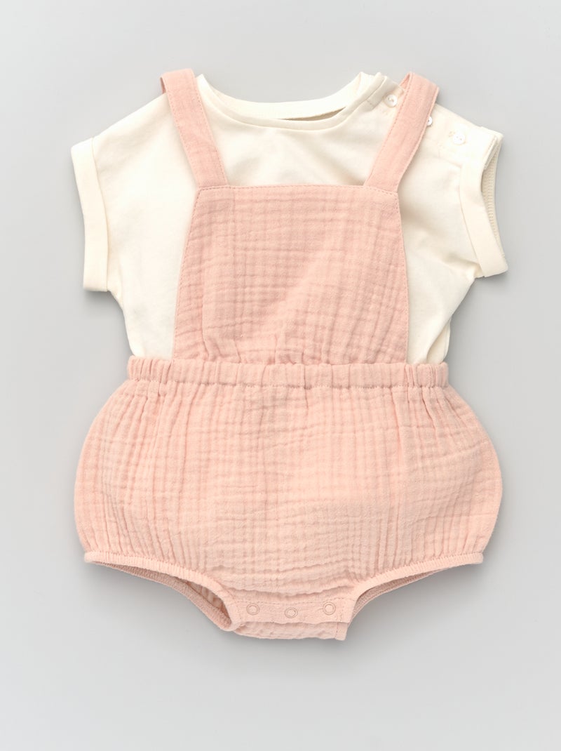 Macacão curto em gaze de algodão + t-shirt em jersey ROSA - Kiabi