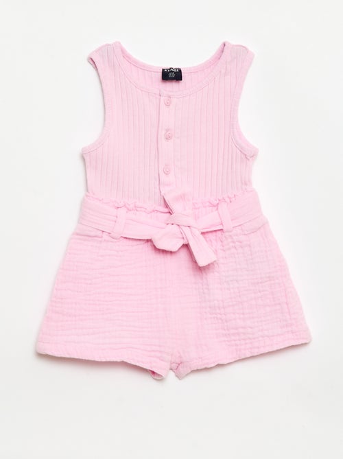 Macacão curto em gaze dupla de algodão + cinto para atar - Kiabi