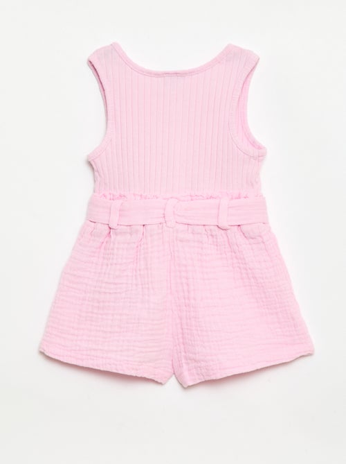 Macacão curto em gaze dupla de algodão + cinto para atar - Kiabi