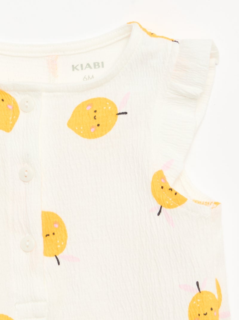 Macacão curto em jersey de algodão com folhos nas mangas Branco - Kiabi