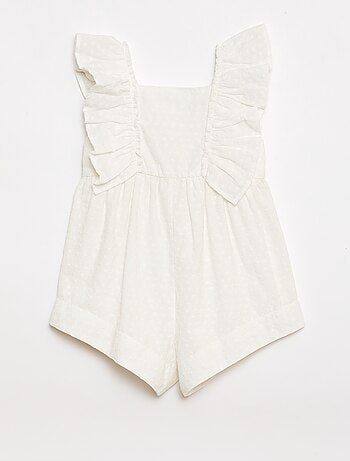 Macacão curto sem mangas em bordado inglês com folhos