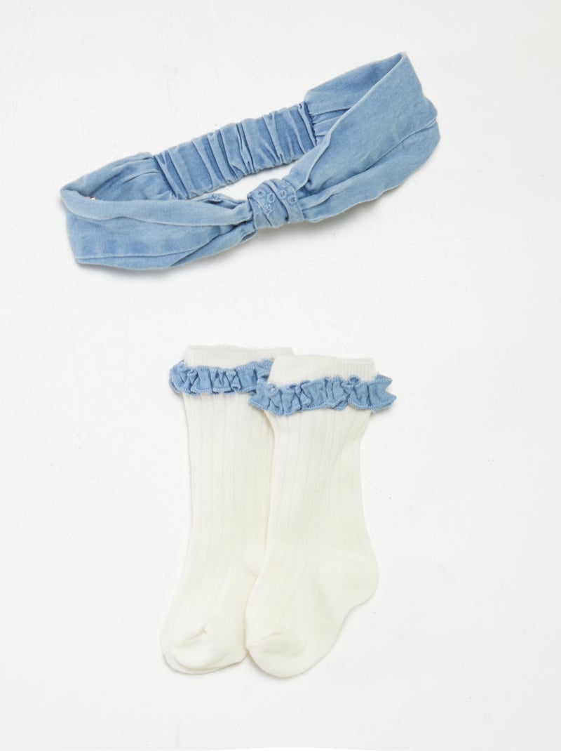 Macacão de ganga com meias e bandolete a condizer - 3 peças AZUL - Kiabi