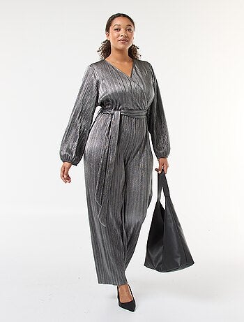 Macacão de perna larga em malha plissada