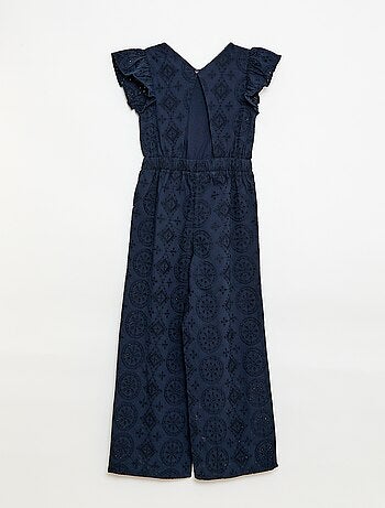 Macacão largo em algodão com bordado inglês e folhos