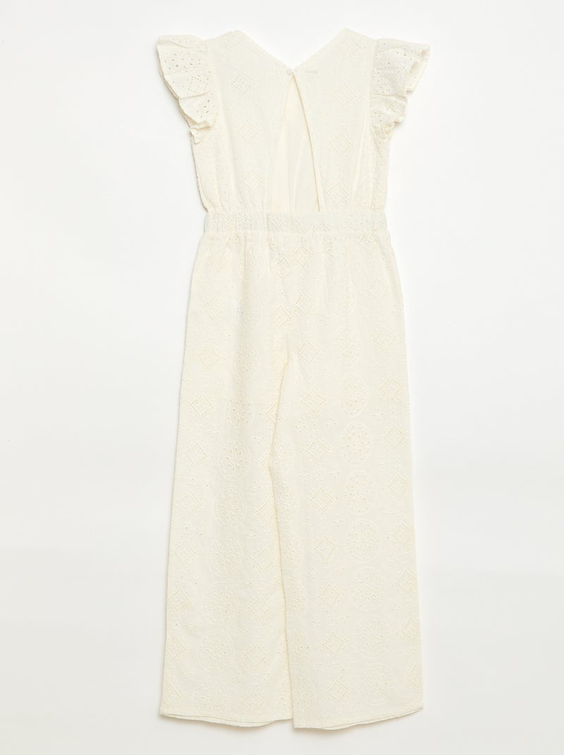 Macacão largo em algodão com bordado inglês e folhos Branco - Kiabi
