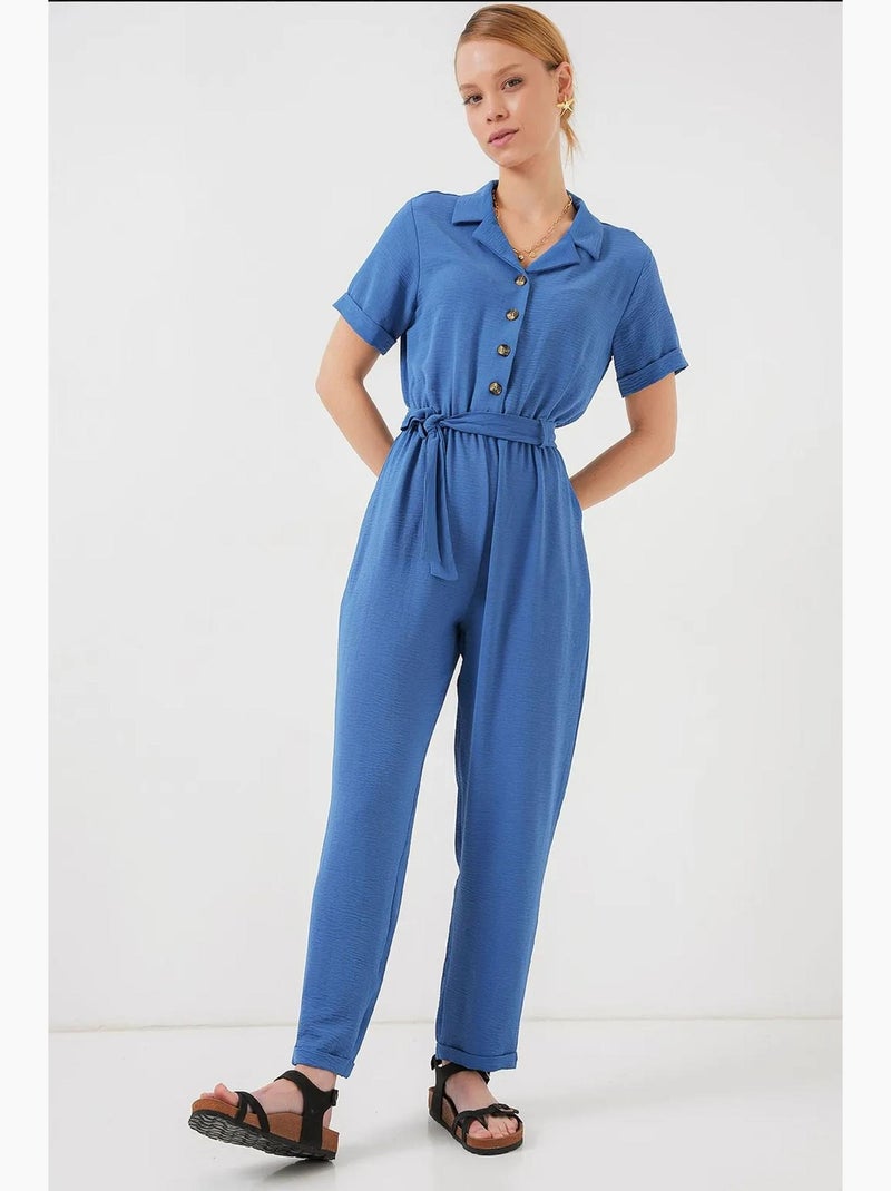Macacão liso em tecido com colarinho de camisa e detalhe de laço bdart Azul-safira - Kiabi