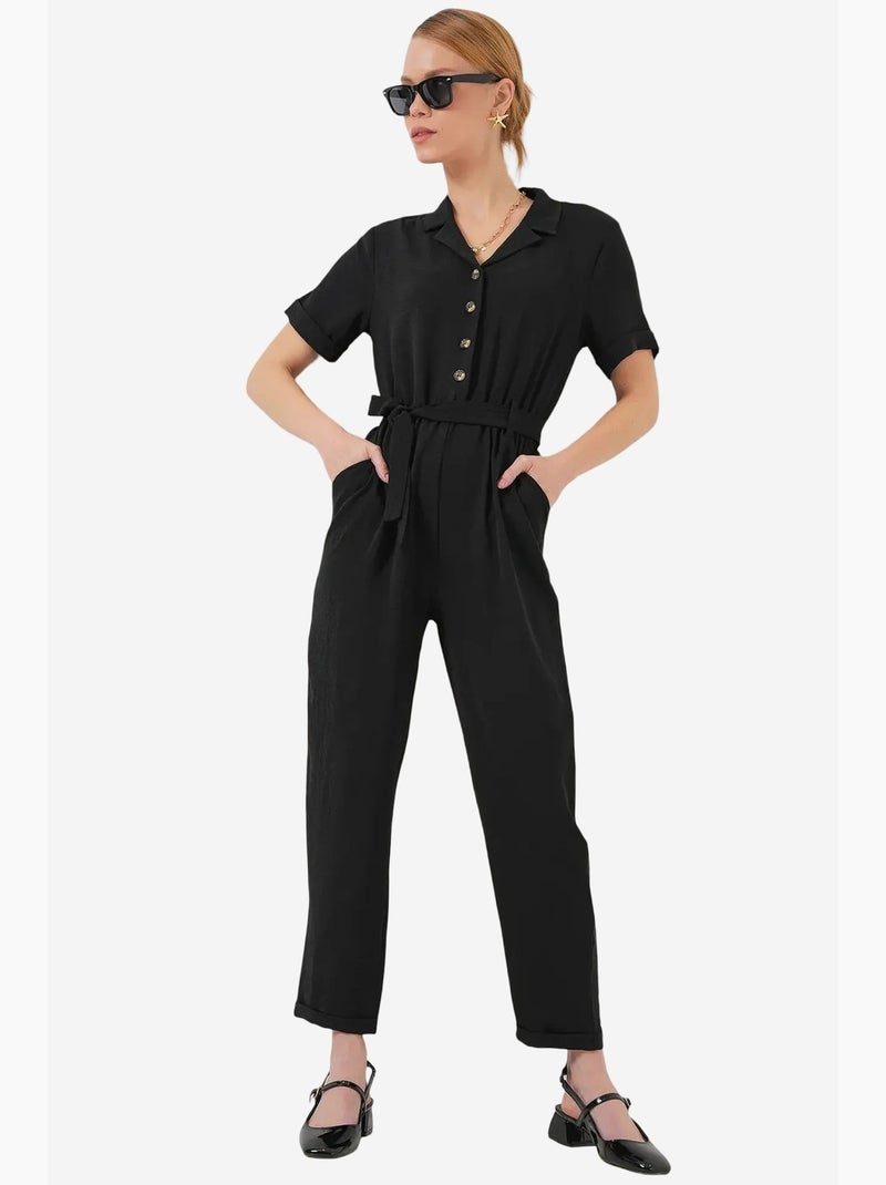 Macacão liso em tecido com colarinho de camisa e detalhe de laço bdart Preto - Kiabi