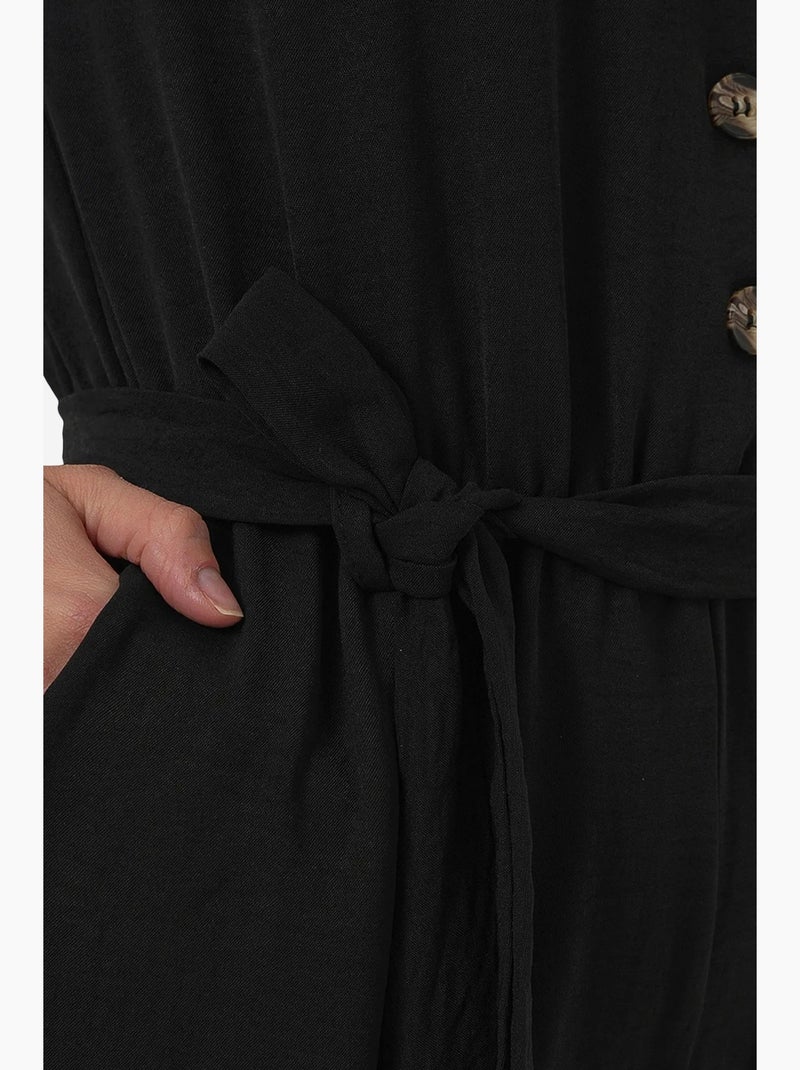 Macacão liso em tecido com colarinho de camisa e detalhe de laço bdart Preto - Kiabi