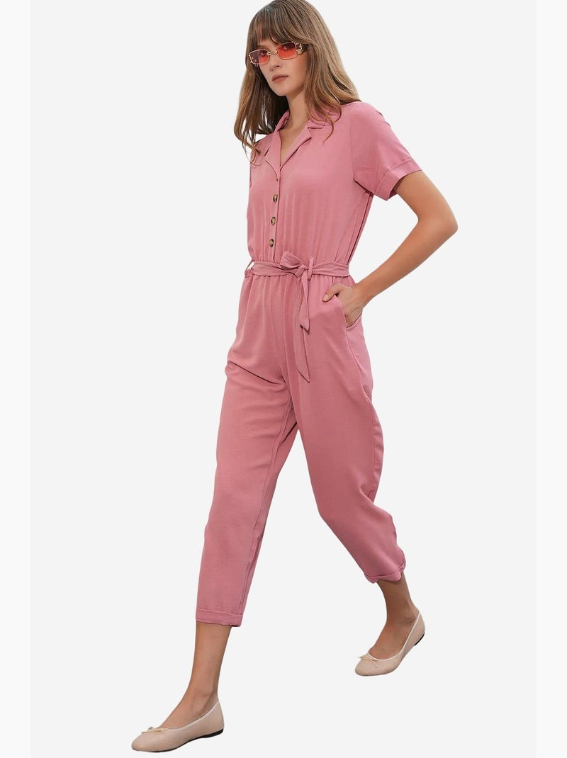 Macacão liso em tecido com colarinho de camisa e detalhe de laço bdart Rosa velho - Kiabi