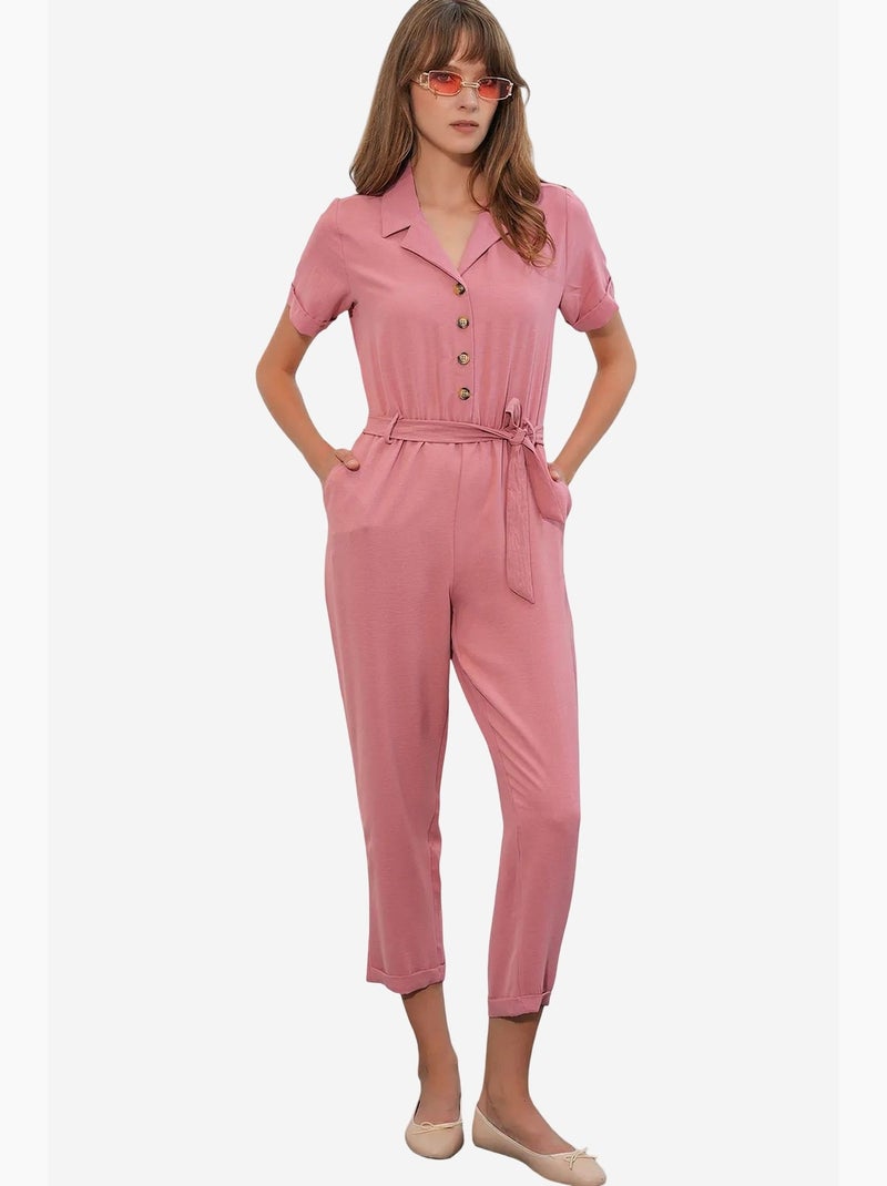 Macacão liso em tecido com colarinho de camisa e detalhe de laço bdart Rosa velho - Kiabi