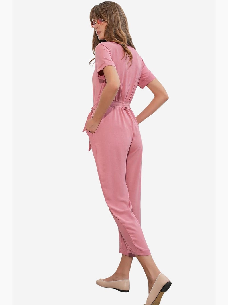 Macacão liso em tecido com colarinho de camisa e detalhe de laço bdart Rosa velho - Kiabi