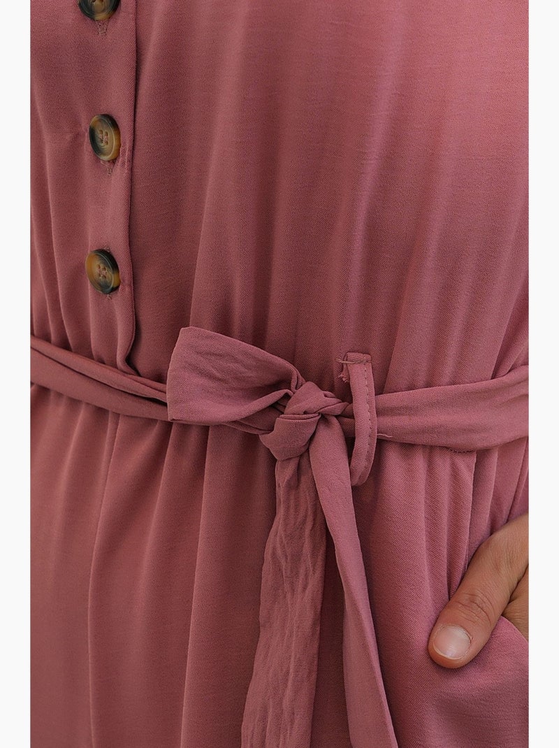 Macacão liso em tecido com colarinho de camisa e detalhe de laço bdart Rosa velho - Kiabi
