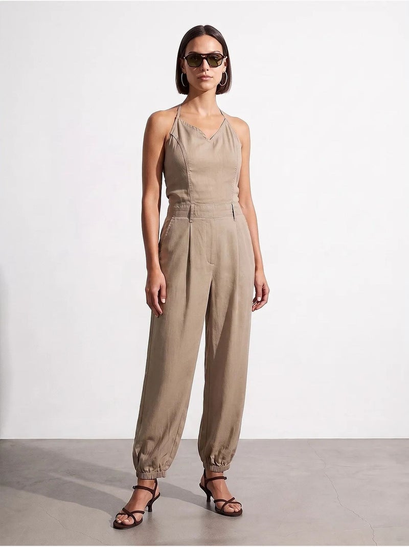 Macacão longo de tencel com decote halter dilvin Bege-argila - Kiabi