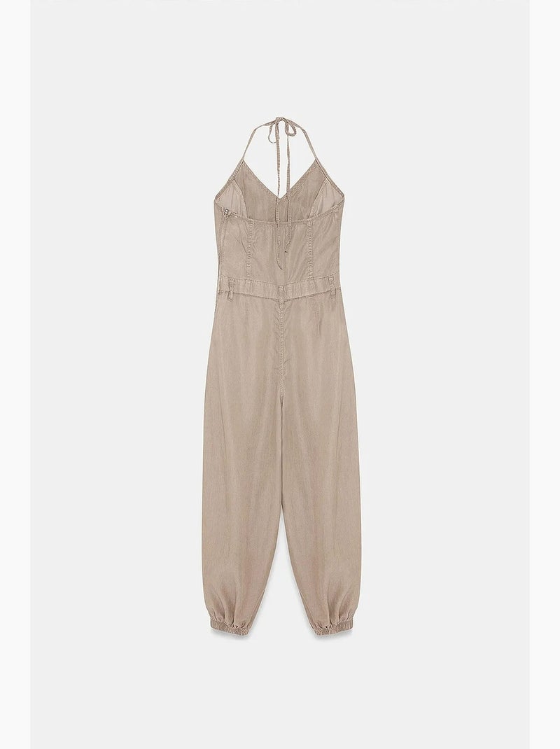 Macacão longo de tencel com decote halter dilvin Bege-argila - Kiabi