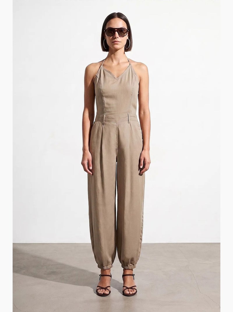 Macacão longo de tencel com decote halter dilvin Bege-argila - Kiabi