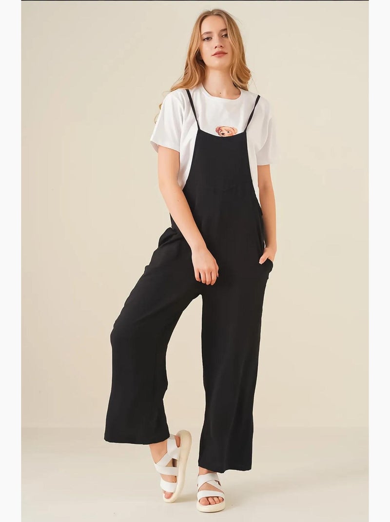 Macacão relaxed fit de perna larga com decote quadrado bdart Preto - Kiabi