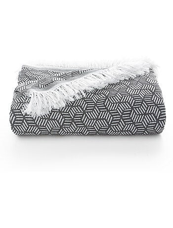 Manta tipo plaid em tecido texturizado de fio tingido, com franjas - Gamusi