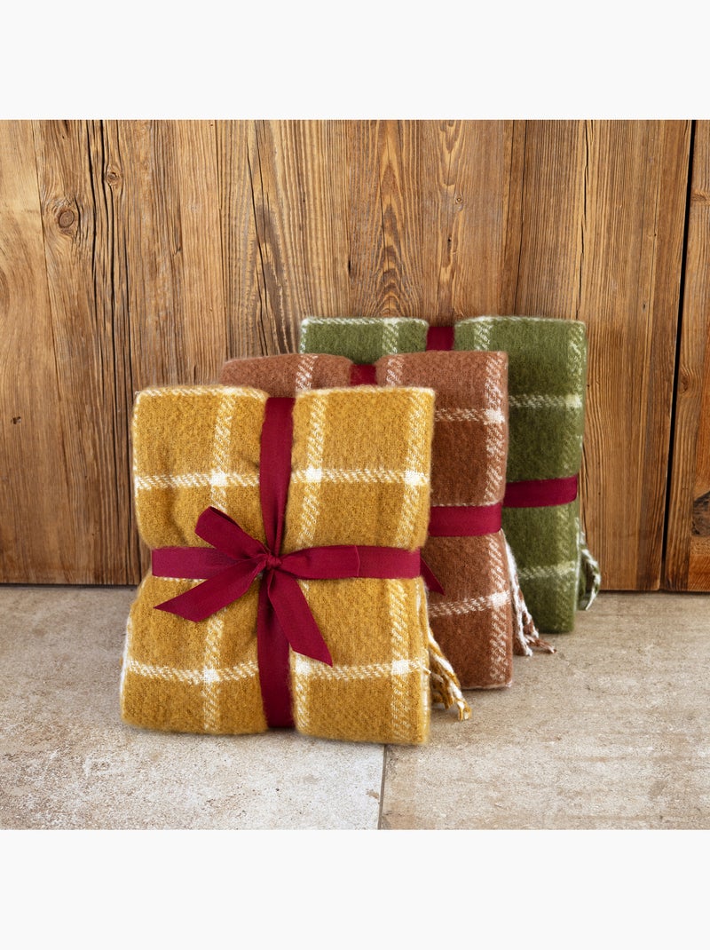 Manta xadrez com aspeto de mohair e franjas Amarelo - Kiabi
