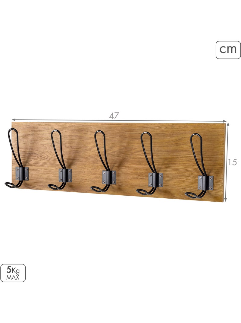 Max home cabide de parede de madeira com 5 ganchos, 47 x 7 x 15 cm Madeira natural - Kiabi