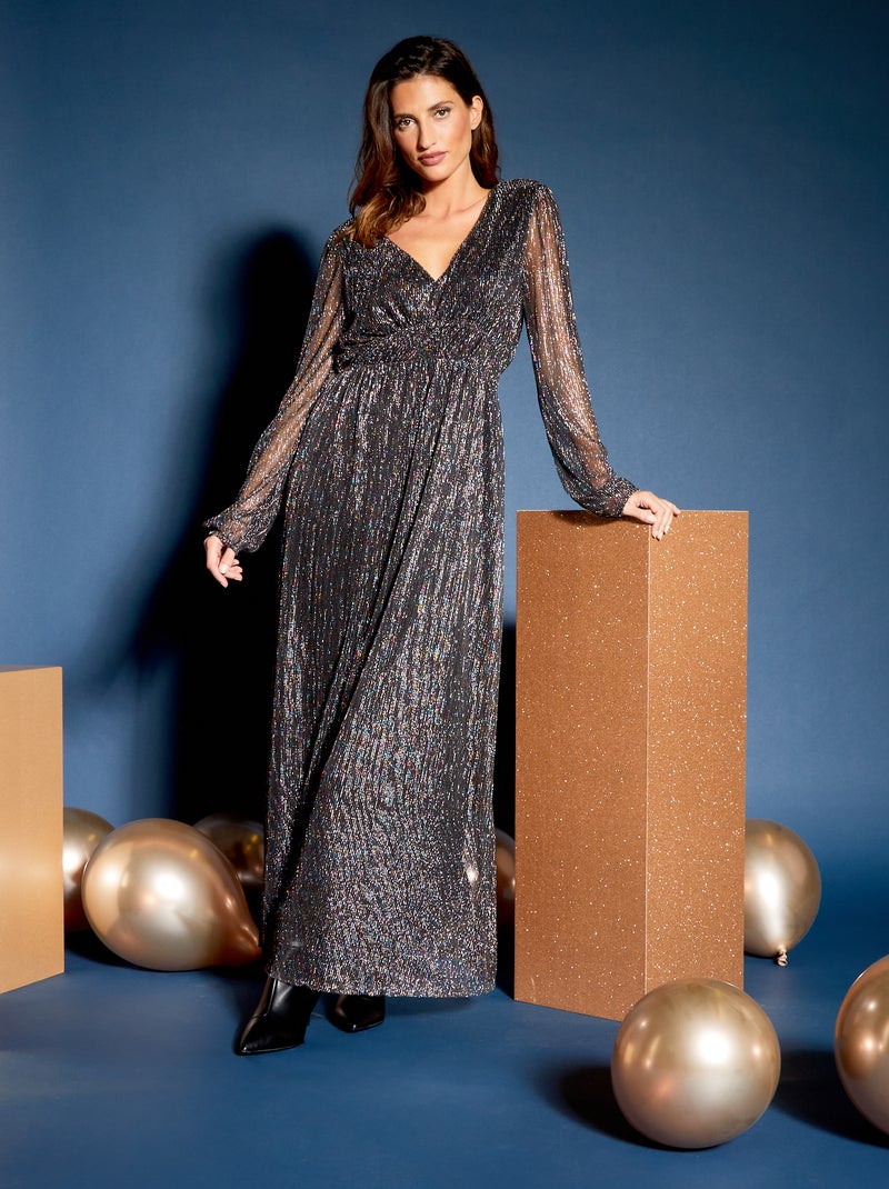 Maxi vestido com decote em bico em fibras metalizadas CINZA - Kiabi