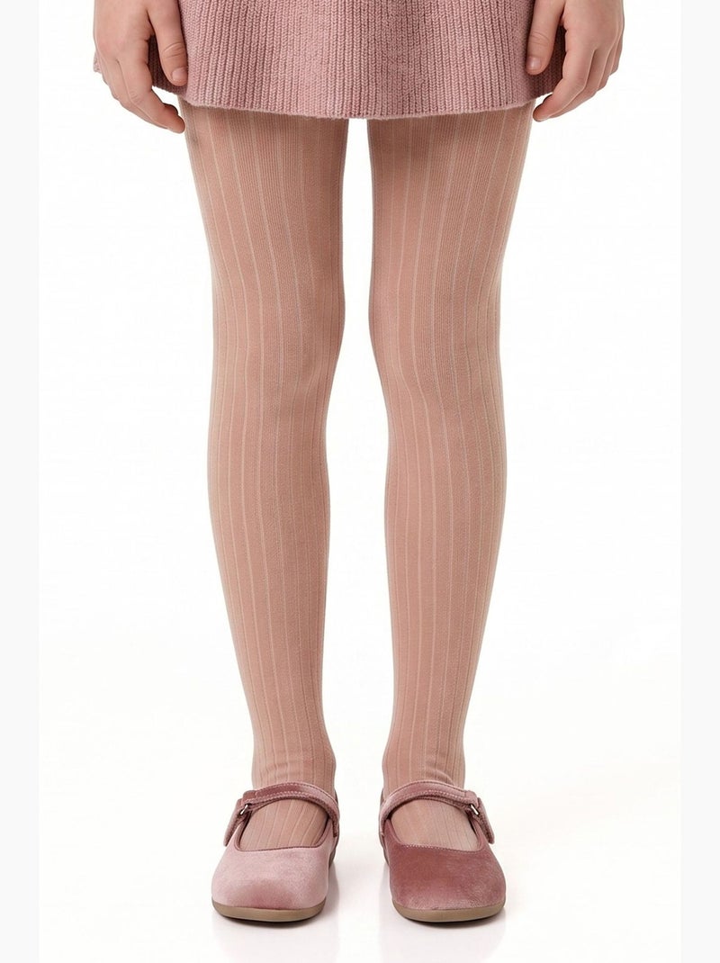 Meia-calça infantil pretty canelada de algodão, par penti Bege/Rosa - Kiabi