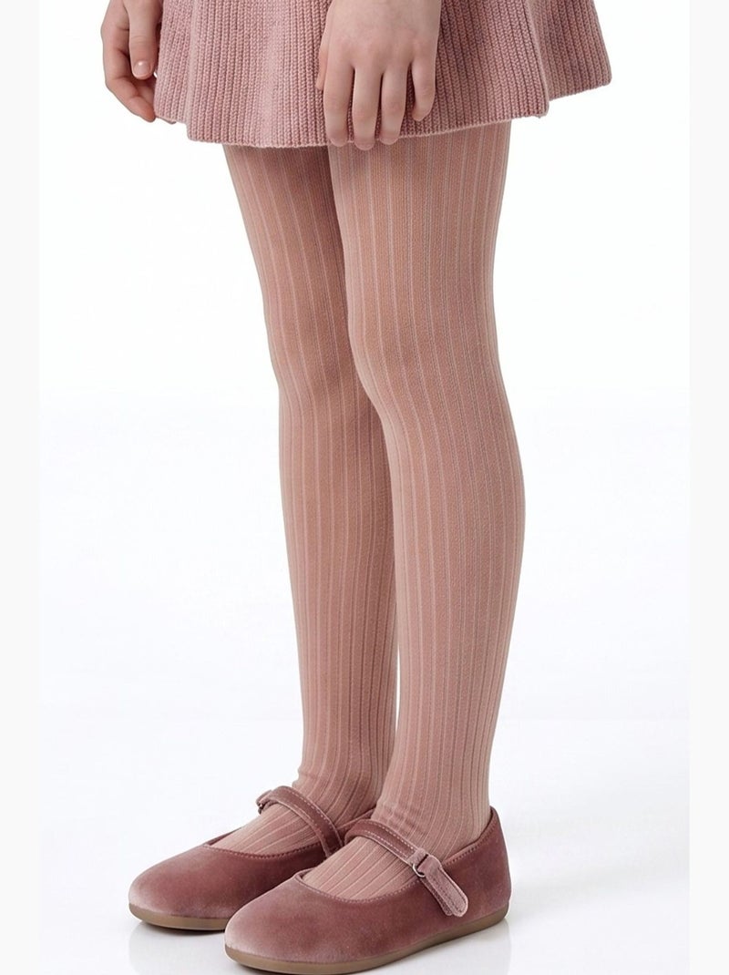 Meia-calça infantil pretty canelada de algodão, par penti Bege/Rosa - Kiabi