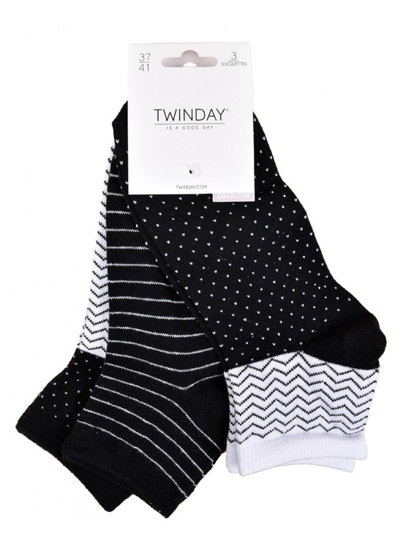 Meias Curtas Mulher TWINDAY - Pack de 6 Preto Preto Branco - Kiabi