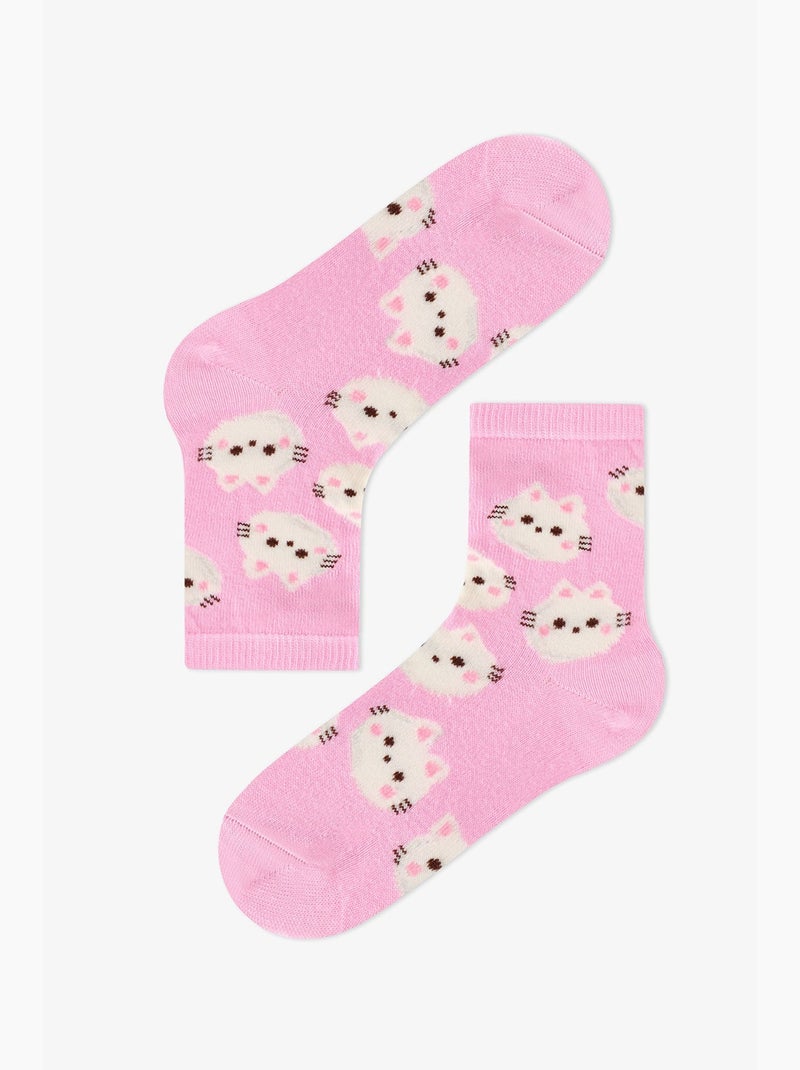 Meias de cano curto menina fluffy cat com padrão de gato, 2 pares penti Rosa/Branco - Kiabi