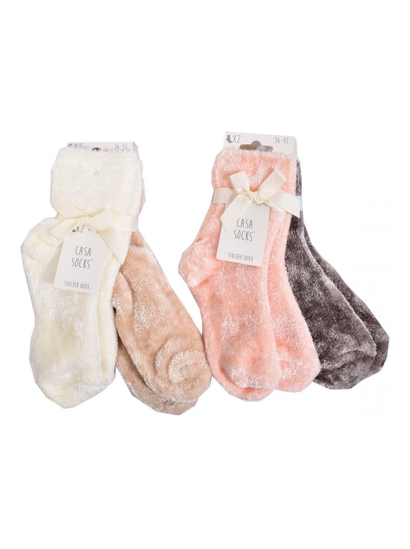 Meias Mulher Casa Socks Toque Suave - Pack de 4 Branco Castanho - Kiabi