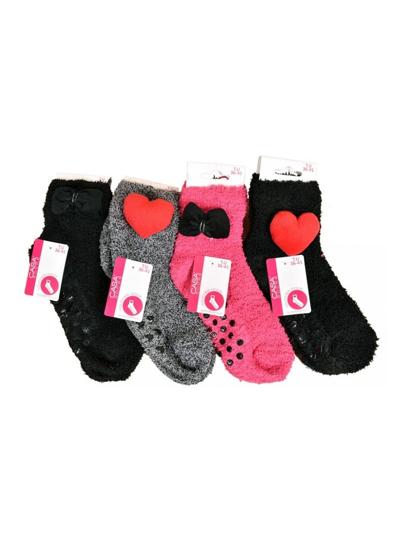 Meias Mulher Casa Socks Toque Suave - Pack de 4 Preto Rosa Cinza - Kiabi