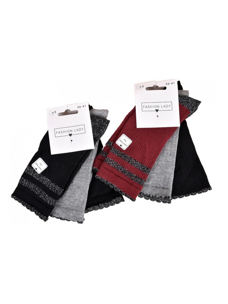 Meias Mulher Fantasia Conforto Algodão Maioritário - Pack de 6 Preto Bordeaux Cinza - Kiabi