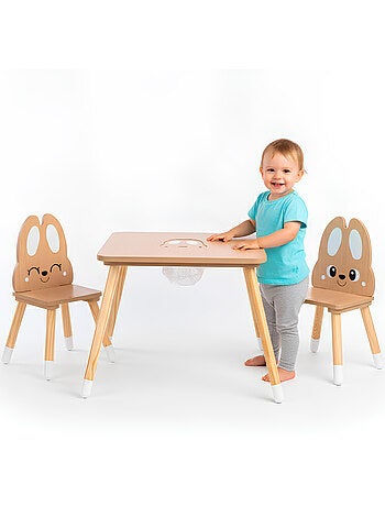 Mesa de madeira com arrumação e 2 cadeiras infantis – conjunto coelhinho