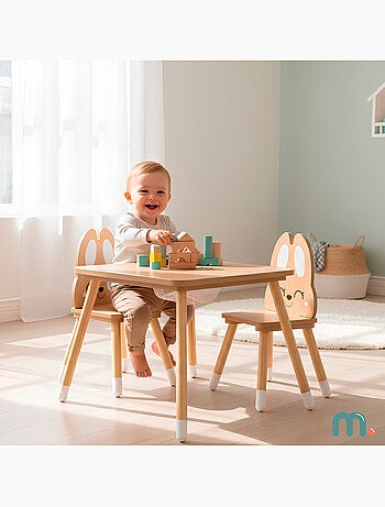 Mesa de madeira com arrumação e 2 cadeiras infantis – conjunto coelhinho