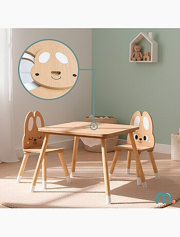 Mesa de madeira com arrumação e 2 cadeiras infantis – conjunto coelhinho