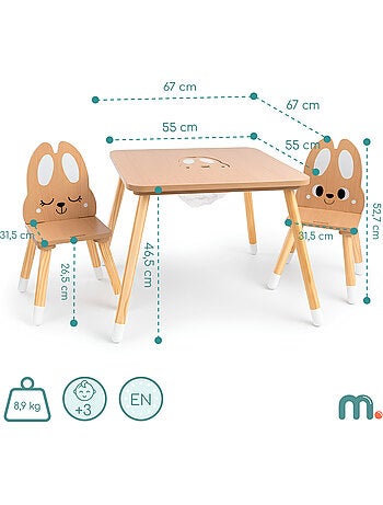Mesa de madeira com arrumação e 2 cadeiras infantis – conjunto coelhinho