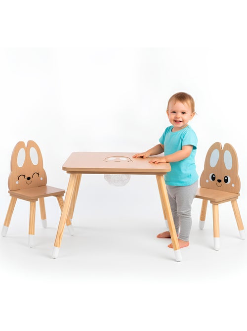 Mesa de madeira com arrumação e 2 cadeiras infantis – conjunto coelhinho - Kiabi