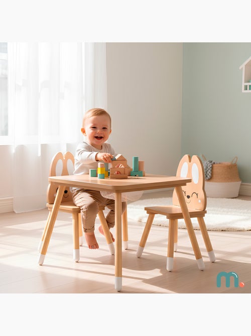 Mesa de madeira com arrumação e 2 cadeiras infantis – conjunto coelhinho - Kiabi